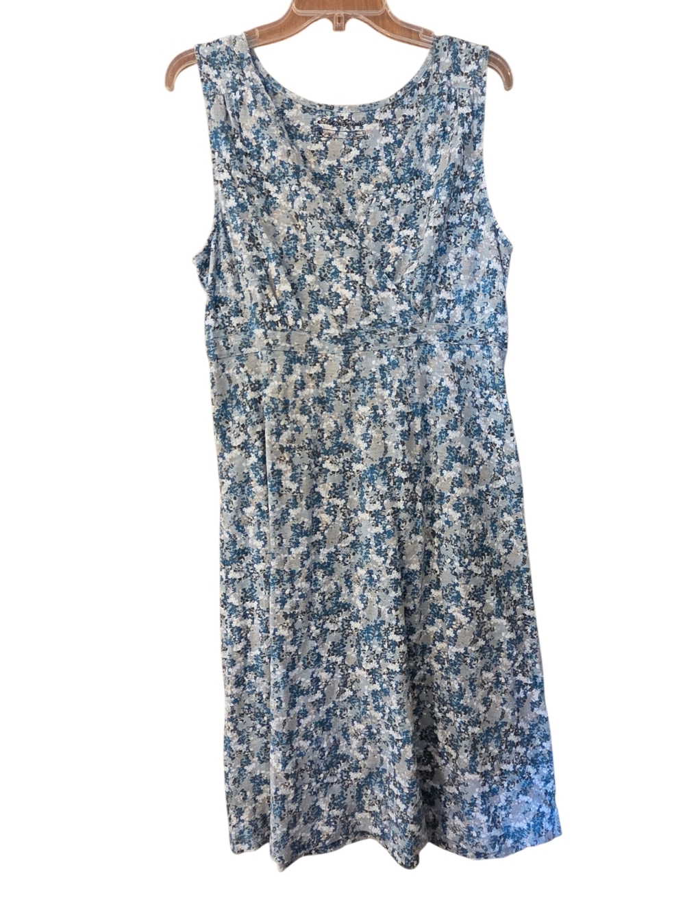 Eddie Bauer Floral Teal Gray White   Midi Dress Drawstring Tie Vneck Size Large